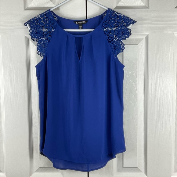 EXPRESS Top, Size SP, Cobalt Blue Lace, Sleeveless, Summer, Keyhole Neckline - Picture 8 of 8
